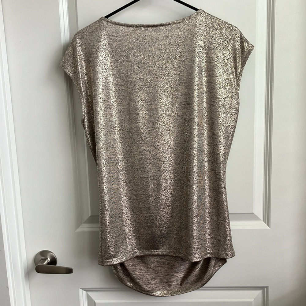 Calvin Klein ruched sides bronze gold metallic top with buttons on sleeves - Picture 4 of 5
